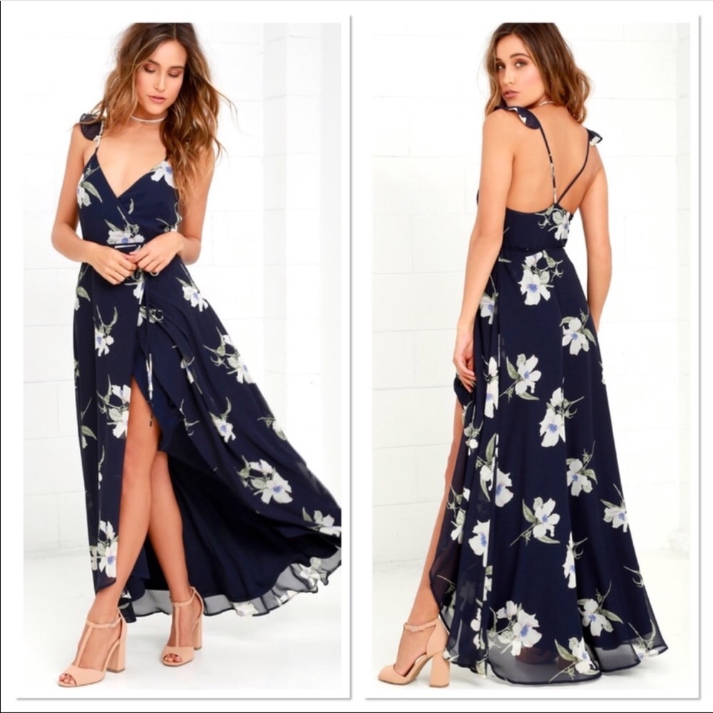Lulus All Mine Navy Floral Print Wrap Dress